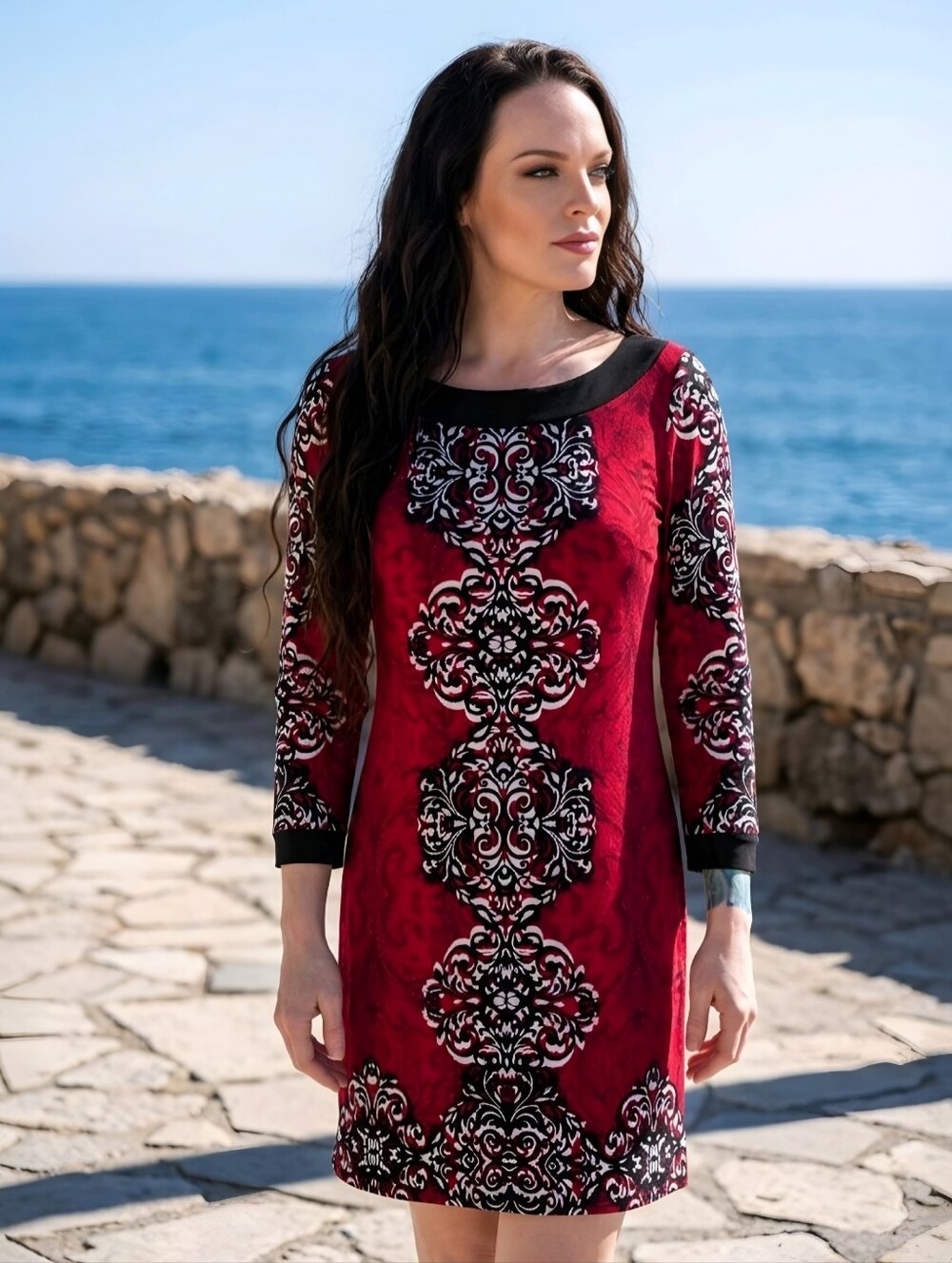 Laundry by Shelli Segal ✦ Long Sleeve Dress ✦ Red Black White Baroque Lined S